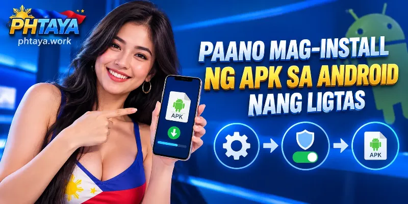 A step-by-step Android APK installation interface showing how to adjust security settings and securely download the official betting app in the Philippines.